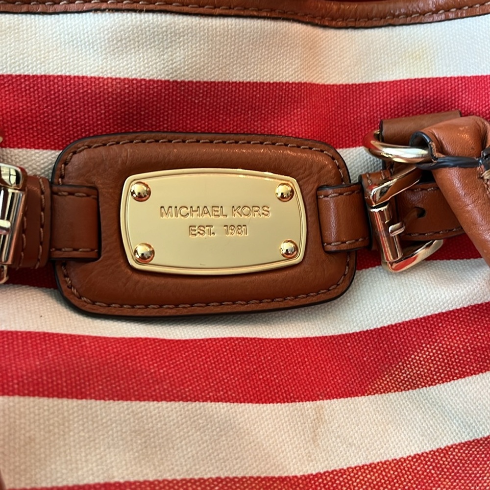 Michael Kors Red and White Striped‎ Hamilton Canvas Hand Bag w/ Leather Trim